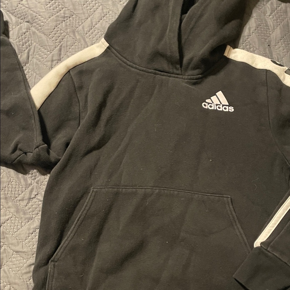 Adidas BOYS Black Hoodie with White Stripes small GUC